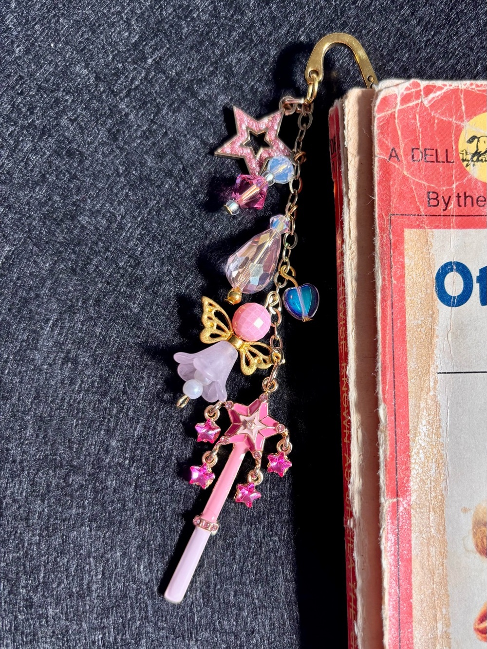 Gold-Tone Pink Star Charm Bookmark with Crystal Accents
